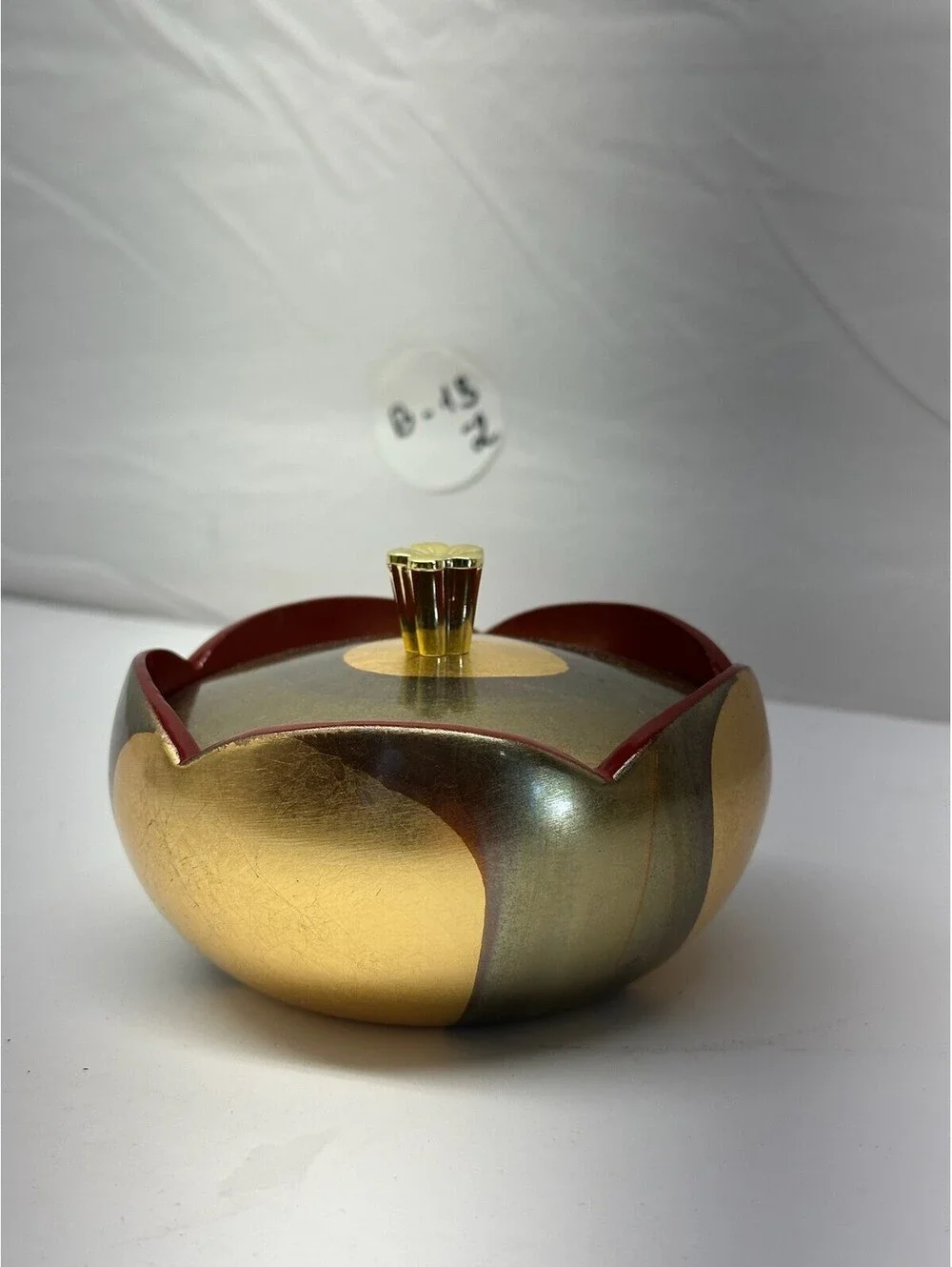 Vintage Japanese Style Lacquerware Lidded Bowl Gold & Red Flower Finial B-13-2